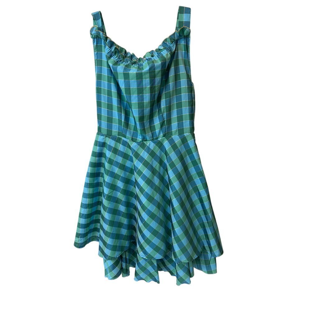 Rare Vintage Plaid Taffeta Party Dress Ruffle Trim Gold Metallic Accent‎ 42 8 10
